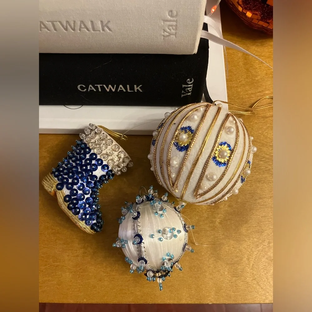 Vintage beaded push pin Christmas Ornaments Set of 3